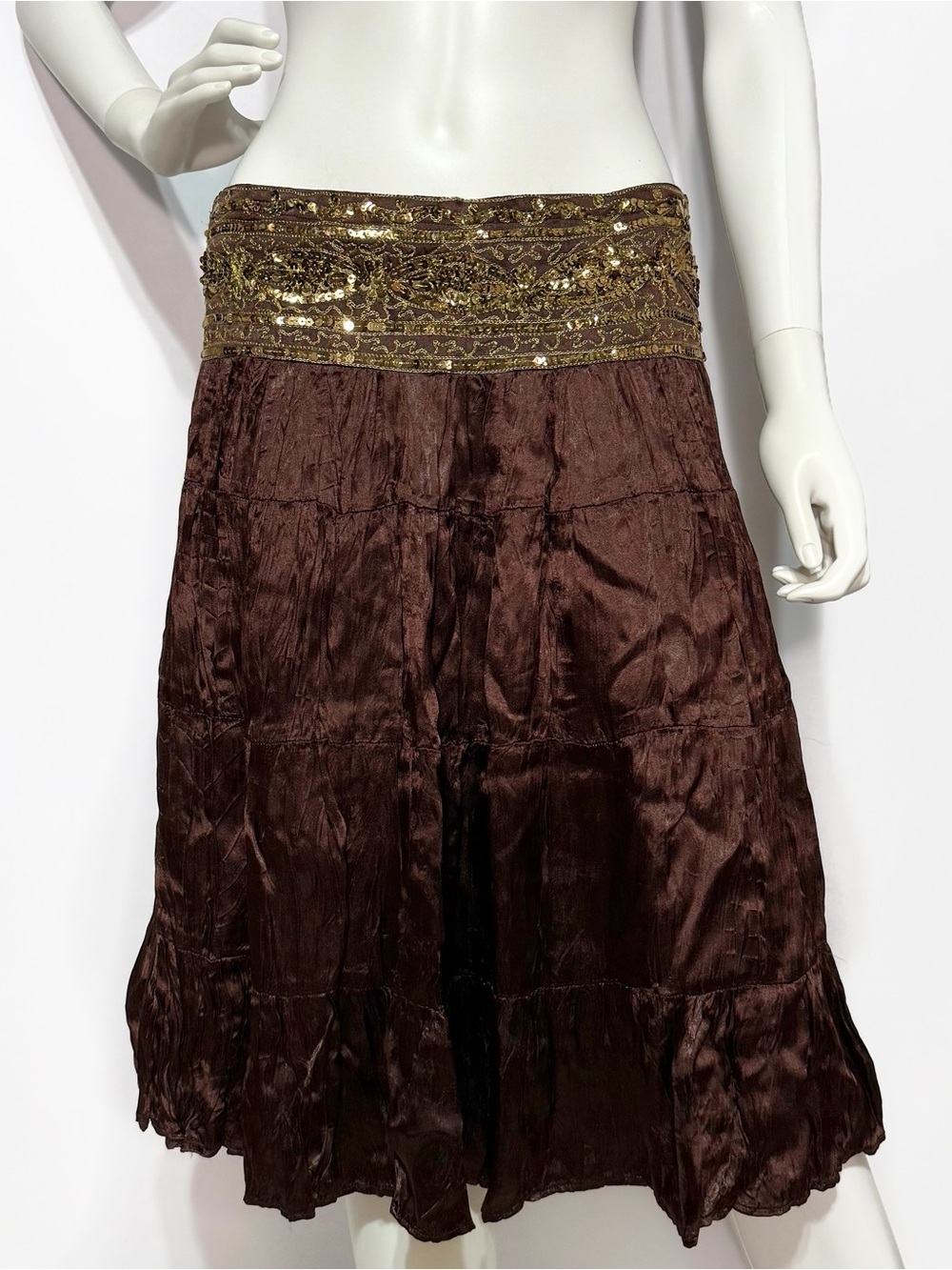 NWT Vintage Cache bohemian brown & gold sequin embellished midi skirt Size 4